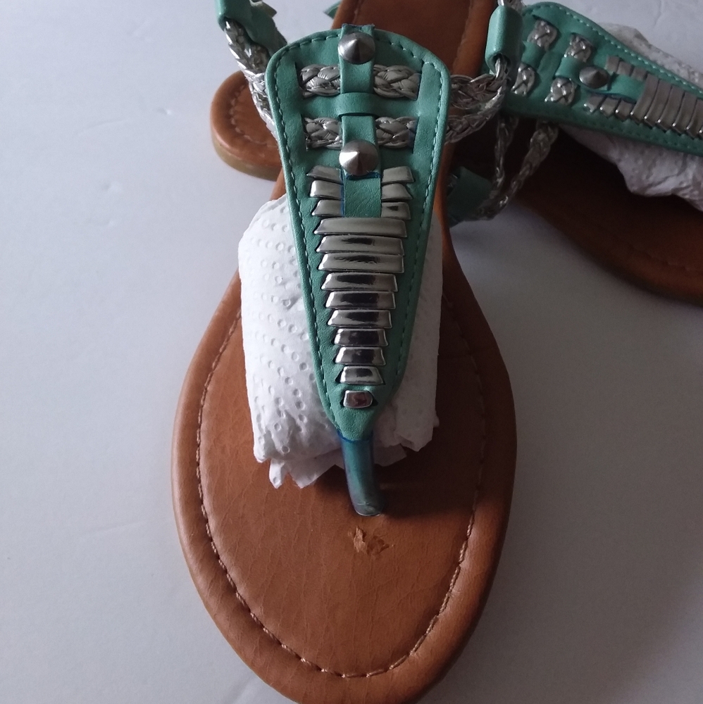 Aqua,Silver Slingback Sandals,Braided Double Silver/Aqua Straps/Buckles - Picture 2 of 10